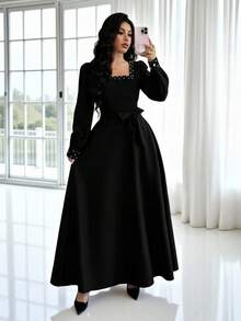 Rafferiza 优雅酒红色珍珠装饰复古方领泡泡袖束腰及踝连衣裙，适合正式场合、婚礼、派对、日常穿着，秋冬季节亦可穿着。 - 黑色 - 查看 4