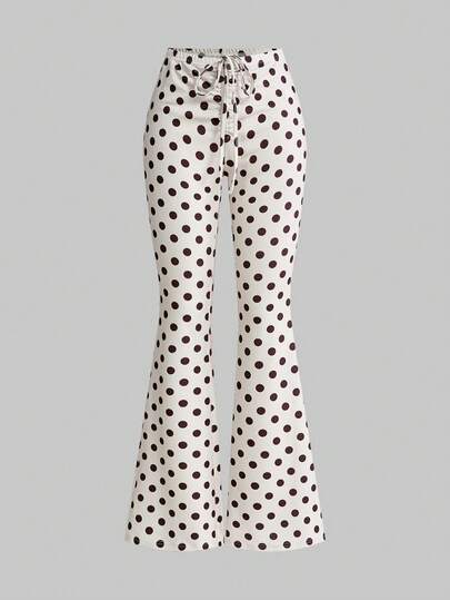 ROMWE Kawaii Women's All-Match Versatile Drawstring Super Low Waist Polka Dot Print Flare Pants
