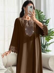 SHEIN Najma Elegantes Kleid mit V-Ausschnitt, Glockenärmeln und Perlendekor mit Blumenmuster, Frühling/Sommer - Kaffeebraun - Übersicht 5