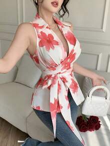 Celisse Women's Floral Print Collared Sleeveless Cinched Waist Shirt, Summer Vacation - Pink - View 4