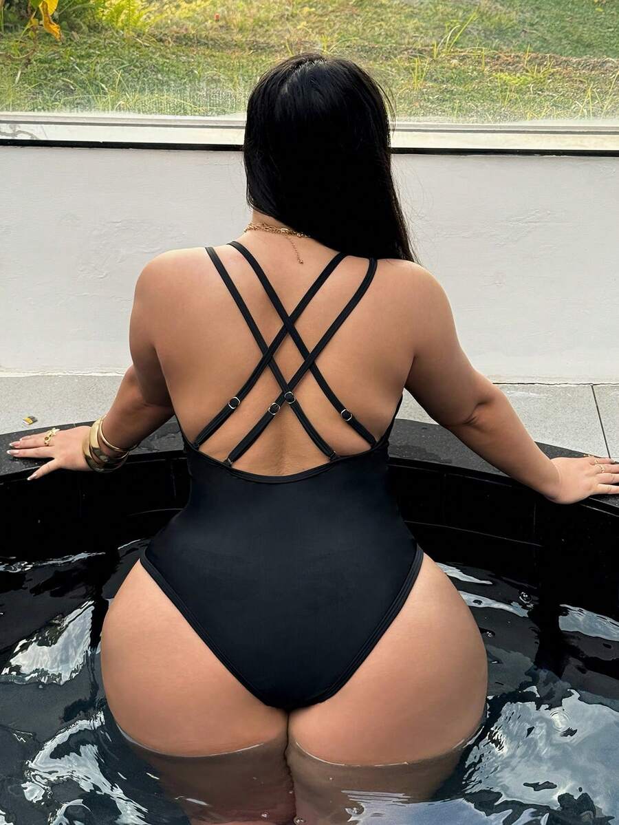 Swim SXY Plus Size Women One-Piece Black Criss-Cross Back Lace Sexy Minimalist Vacation One Piece Swimsuit - Black - View 1