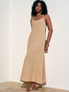 Zivah 2026 Spring & Summer New Music Festival, Easter, St. Patrick's Day, Valentine's Day, Date, Western, Nomadic, Birthday Party, Graduation, College, Student, Daily Wear, Basic Versatile, Casual, Vacation, Cruise Travel, Beach, Sunbathing, Viral , Streetwear, Wedding Guest, Boho, Commute, Brunch, Airport, Party, Holiday Outing, Office Wear Spaghetti Strap Twist Back A-Line Maxi Linen Dress In Apricot - Apricot - View 5