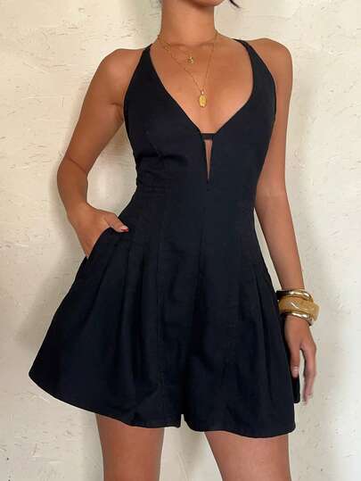 Aloruh Women's Casual Vacation Solid Color Criss-Cross Backless Denim Jumpsuit,Halter Deep V Crisscross Back Waist Skort Y2K Black Romper Dress,Backless Tie Up A-Line Skort Anti-Peek Y2K Romper,Summer Black Halter Waist Romper Skort Sweet & Cool Vacation Dress,#Y2KFashion #HalterRomper #BacklessDress #SkortDress #BlackOutfit #CurvyFashion #VacationOutfit #FestivalOutfit #DateNightOutfit #SexyStyle,Y2K, Halter, Backless, Crisscross Tie, High Waist, A-Line, Skort, Black, Sweet & Cool, Slim Fit, Vacation