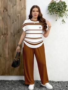 EMERY ROSE 2pcs Casual Striped Pattern Loose Fit Round Neck Top And Wide Leg Pants Set, Suitable For Summer - Multicolor - View 4
