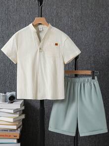 SHEIN 两件套男童休闲学院风立领短袖衬衫短裤套装，适合上学、生日派对、婚礼、春夏等场合。 - 彩色 - 查看 3