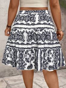 EMERY ROSE Holiday Frill Trim Contrast Color Rope Multi-Functional Casual Pleated Plus Size Skirt - White - View 2