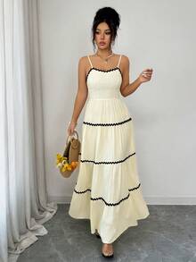 Rafferiza 女士优雅荷叶边层叠镂空露背系带连衣裙，适合度假和日常穿着 - 杏色 - 查看 4