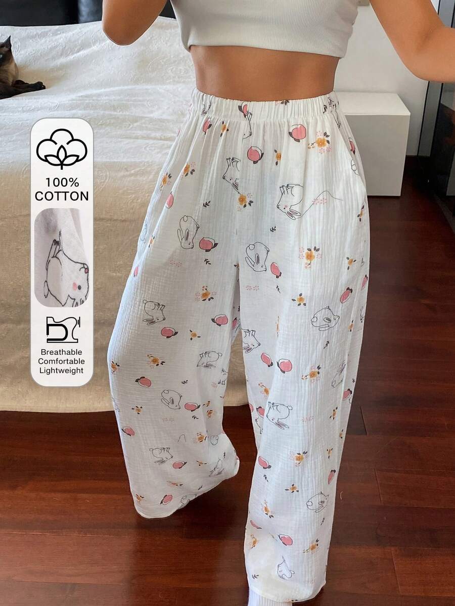DAZY Cute Rabbit Print Women Pajama Bottoms - White - View 1