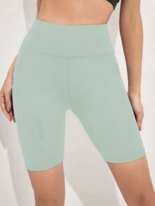 Eassivo Eassivo 女士休闲修身纯色高腰拼接口袋运动骑行短裤 - Limelight Green - 查看 3