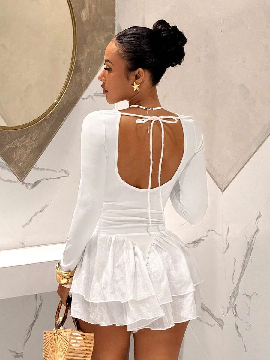 Slaydiva Spring/Summer New White Sweet Date Backless Long Sleeve Ruffle Hem Cake Dress,Birthday Dress.Beach Dress ,Valentine's Day Dress, Dates Dress, Party Dress, Gatherings Dress, Holidays Dress, Concerts Dress, Sexy Clubs, Nightclubs, Everyday Outings, Brunch Outfits, Hot Girl, Vacation Dress.Wedding Guest Outfits,Valentines Day - White - View 1