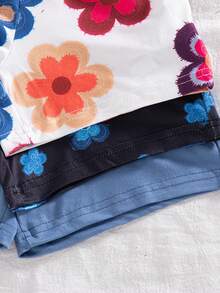 SHEIN Playful Pals Bộ 3 món áo liền quần/quần short cho bé gái mùa hè, họa tiết hoa và màu trơn, kiểu dáng thời trang đi nghỉ mát, đa năng. - Nhiều màu - Xem 8
