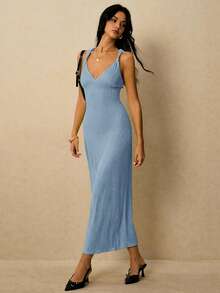 Poéselle Đầm dài nữ màu trơn tối giản phong cách thường ngày - Màu xanh nhạt - Xem 4