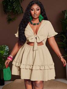 Slaydiva Plus Size Women's Boho Beige Summer Mini Dress,Holiday Night Out Club Chest Tie Front Ruffle Trim A-Line Casual Vacation Short Sleeve - Apricot - View 2