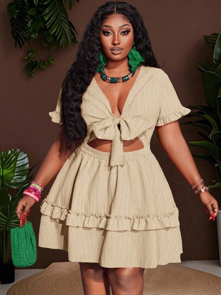 Slaydiva Plus Size Women's Boho Beige Summer Mini Dress,Holiday Night Out Club Chest Tie Front Ruffle Trim A-Line Casual Vacation Short Sleeve