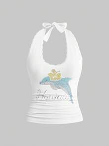 Sweetness Casual Relaxed Cute Dolphin Graphic Rhinestone Embellished Women Tank Top, Suitable For Island Vacation & Daily Wear - White - View 1