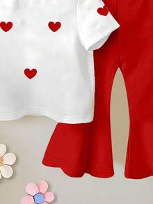 1 Set Baby Girls' White T-Shirt And Red Flare Pants Outfit, Heart Print, Sweet And Cute, Basic Versatile Daily Wear, Comfortable Princess Style, Suitable For Spring, Summer, Autumn, Winter - Multicolor - View 4
