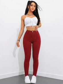 SHEIN ICON Quần jeans skinny màu trơn đơn giản, đa năng dành cho nữ, thích hợp mặc hàng ngày đi làm. - Màu Hồng Tươi - Xem 6