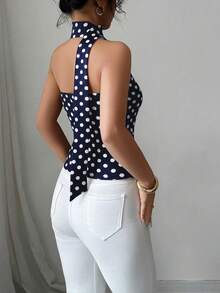 Elenzga Women's Contrast Polka Dot Print Asymmetric Shoulder Tank Top - Royal Blue - View 2