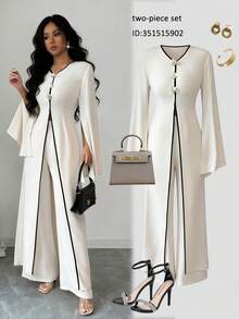 Elenzga 女士优雅两件套，V领金属纽扣开衩喇叭袖上衣搭配直筒/阔腿裤，适合通勤、日常穿着、度假、派对等场合，黑色滚边，秋冬春夏皆宜。 - 白色 - 查看 3