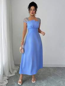 Rafferiza 女士休闲网纱袖拼接修身连衣裙 - 藍色 - 查看 5