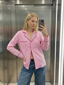 Maija 2025秋冬季不对称领撞色滚边条纹女式衬衫 - 玫紅色 - 查看 7