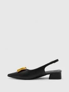 CUCCOO BIZCHIC Sapato feminino preto de bico fino com detalhes plissados em metal, salto baixo, versátil para o dia a dia e para o escritório, design elegante sem calcanhar. - Preto - Ver 10