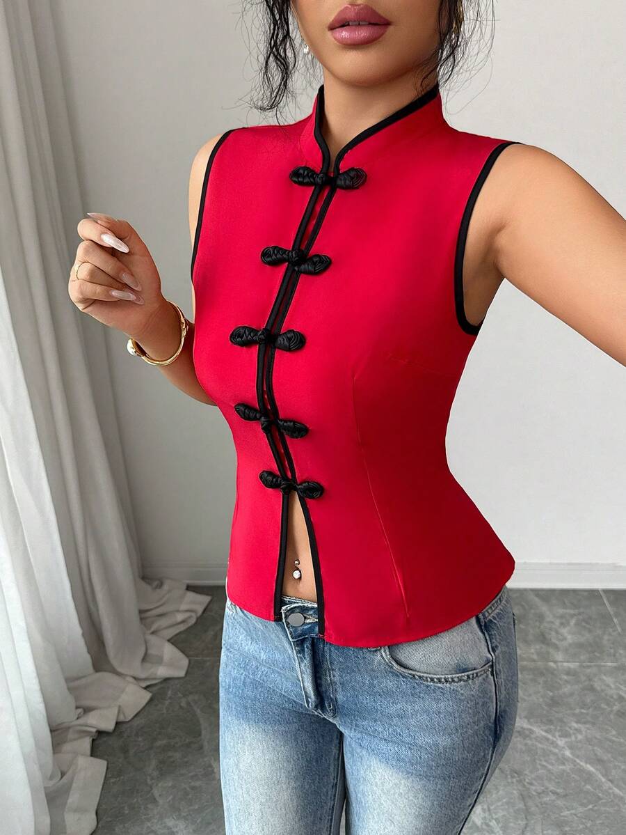 Rafferiza 女士优雅性感衬衫，红色中国风衬衫，春夏衬衫，新年装 - 紅色 - 查看 1