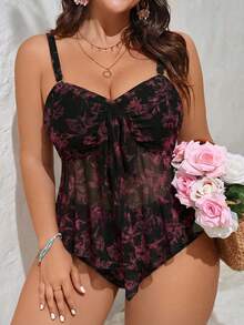 Swim Mod Bộ bikini mùa hè dành cho nữ cỡ lớn năm 2026, họa tiết hoa, dây mảnh, xếp ly, kiểu tankini và quần tam giác hở lưng. - Màu Hồng Tươi - Xem 5