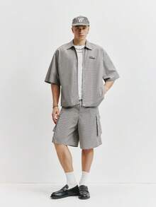 TOKVUE 男士休闲日常百搭通勤格子刺绣衬衫套装 - 灰色 - 查看 3