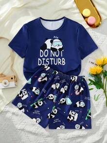 Minimalist Navy Blue Casual Vacation Pajama Set, Panda Print Crew Neck Top And Shorts 2 Pieces Loungewear Set - Violet Purple - View 1