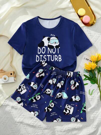 简约海军蓝休闲度假睡衣套装，熊猫印花圆领上衣和短裤两件套家居服套装