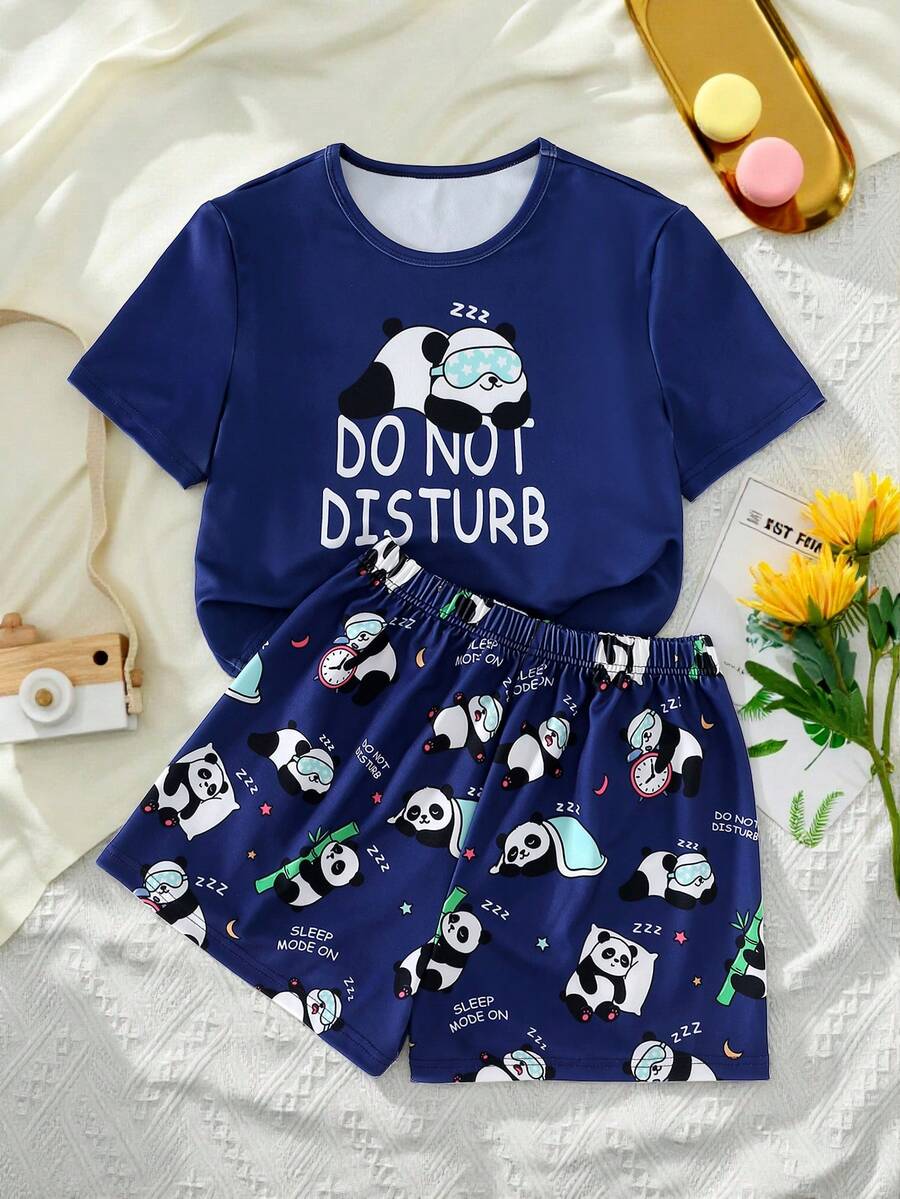 Minimalist Navy Blue Casual Vacation Pajama Set, Panda Print Crew Neck Top And Shorts 2 Pieces Loungewear Set - Violet Purple - View 1