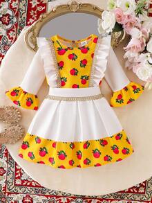 Conjunto de 2 piezas de camiseta de manga larga con encaje floral y cinta dorada, y falda con estampado floral ditsy, para niñas pequeñas, esencial de viaje de verano, moda suave y esponjosa, 2026 - Amarillo - Ver 3
