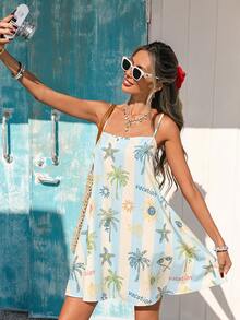 Vivid Eden 女士夏季海滩度假热带撞色条纹印花宽松吊带裙 - 彩色 - 查看 7