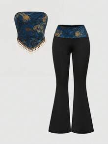 ROMWE Hippie 复古嬉皮西部音乐节木珠流苏边佩斯利印花波西米亚风女装套装 - 彩色 - 查看 1