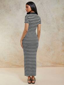 COSMINA Women's Striped Print Fitted Casual Short Sleeve Dress - Black and White - View 2