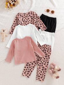 SHEIN Playful Pals Bộ 6 món cho bé gái sơ sinh mùa xuân và thu, kiểu dáng thường ngày, đơn giản, dễ thương, ngọt ngào với họa tiết da báo nâu, áo hồng/màu mơ phối cùng quần cùng màu, thích hợp cho đi học và mặc hàng ngày. - Nhiều màu - Xem 2