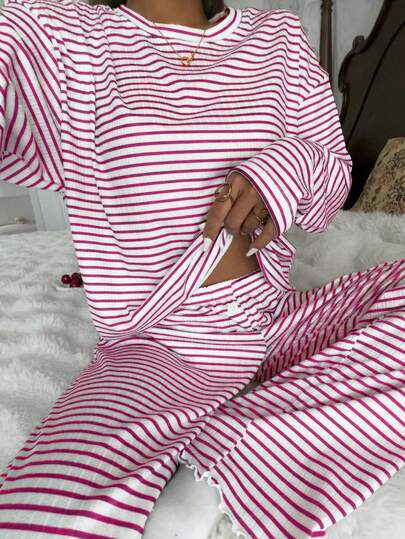SHEIN Women's Casual Striped Print Loose Fit Round Neck Long Sleeve Pajama Set