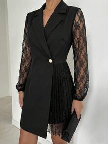 EMERY ROSE Vestido envolvente plisado con aplicaciones de encaje, elegante para el trabajo - Negro - Ver 3