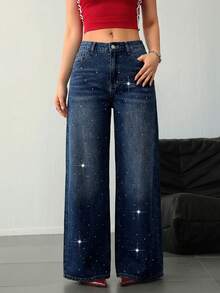 SHEIN Tall Women's Jeans Tall Women's Jeans Low Waist Loose Shiny Diamond Jeans Jeans Bling Jeans Baggy Women Jeans Low Rise Baggy Jeans Women Bottoms Sequin Pants Glitter Pants Tall Women Pants - Dark Wash - View 4