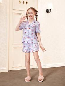 HELLO KITTY AND FRIENDS | SHEIN Conjunto de pijama con top de manga corta y pantalones cortos con estampado de dibujos animados para niña preadolescente - Púrpura malva - Ver 11