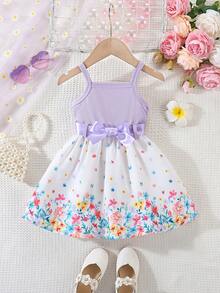 SHEIN 2-25个月女宝宝夏季新款红色罗纹爱心印花荷叶边下摆可爱休闲无袖连衣裙 - 紫色 - 查看 2