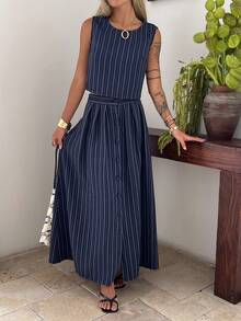 DAZY Women's Fashion Striped Tank Top & Skirt 2 Pieces Set - Navy Blue - View 4