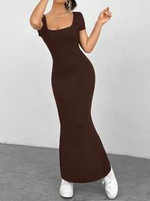 SHEIN EZwear Summer Outfits Square Neck Mermaid Hem Bodycon Dress - Brown - View 5