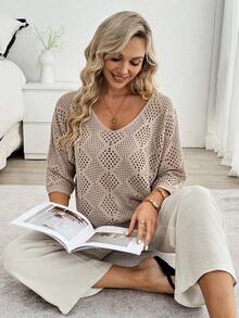 Louniche 女士休闲宽松V领菱形镂空七分袖毛衣，春夏款 - 駝色 - 查看 5