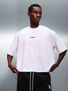 PLAYBOY X SUMWON Men Crop Fit Short Sleeve Crew Neck T Shirt With Small Chest Text Print Casual Streetwear Urban Style Relaxed Daily Wear - White - View 1