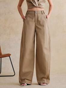 Anewsta 女士卡其色撞色打结结构春季新款喇叭裤，休闲百搭修身西装裤 - 卡其色 - 查看 1
