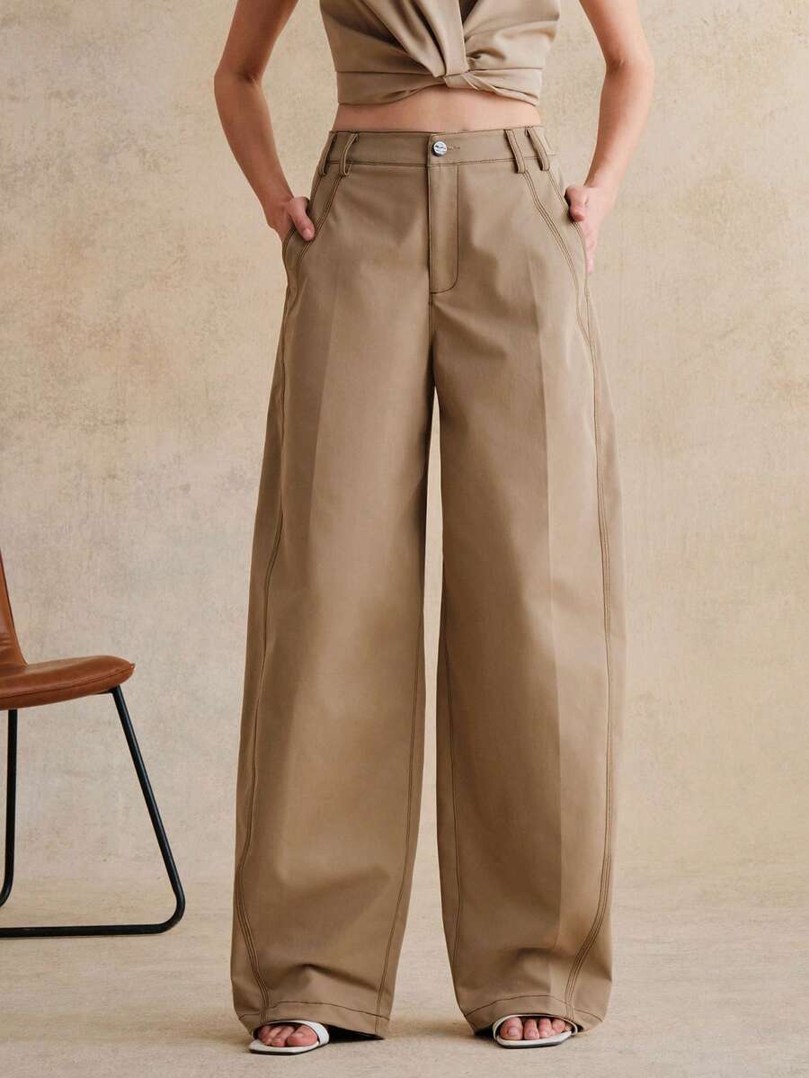 Anewsta 女士卡其色撞色打结结构春季新款喇叭裤，休闲百搭修身西装裤 - 卡其色 - 查看 1