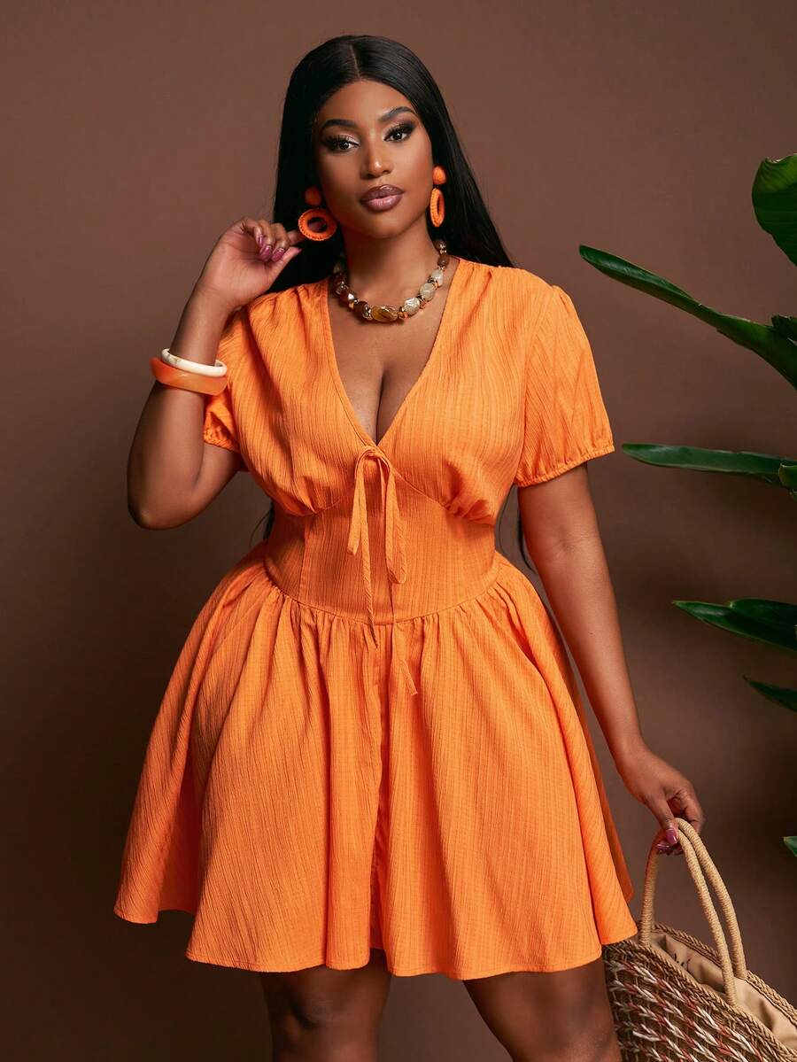 Slaydiva Summer Orange Vacation Holiday Plus Size Mini Dress,Deep V-Neck Short Sleeve Fitted A-Line Woven Texture Fabric Elegant Party Wedding Graduation Dress