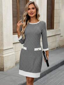 EMERY ROSE 女士圆领插肩格子优雅短裙 - 白色 - 查看 4